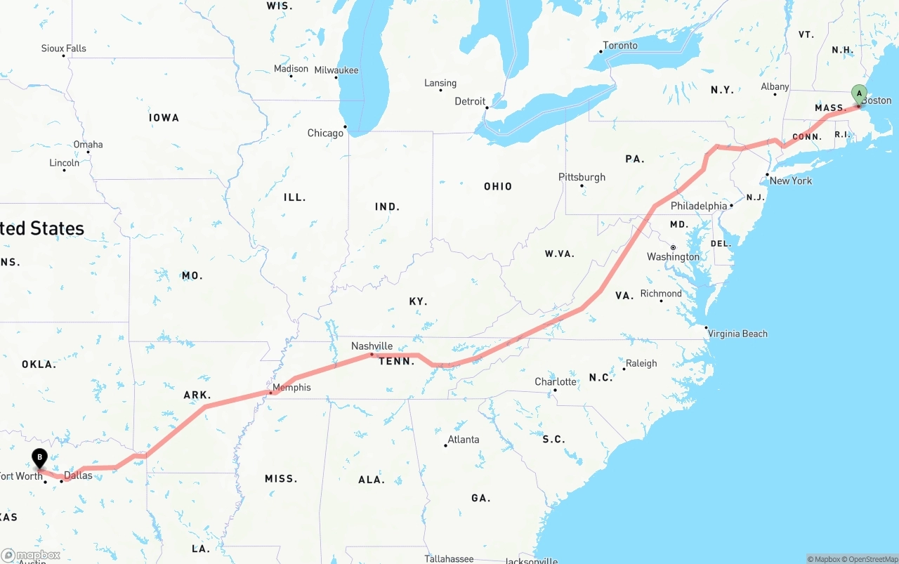 Shipping route from Port of Boston to Aurora