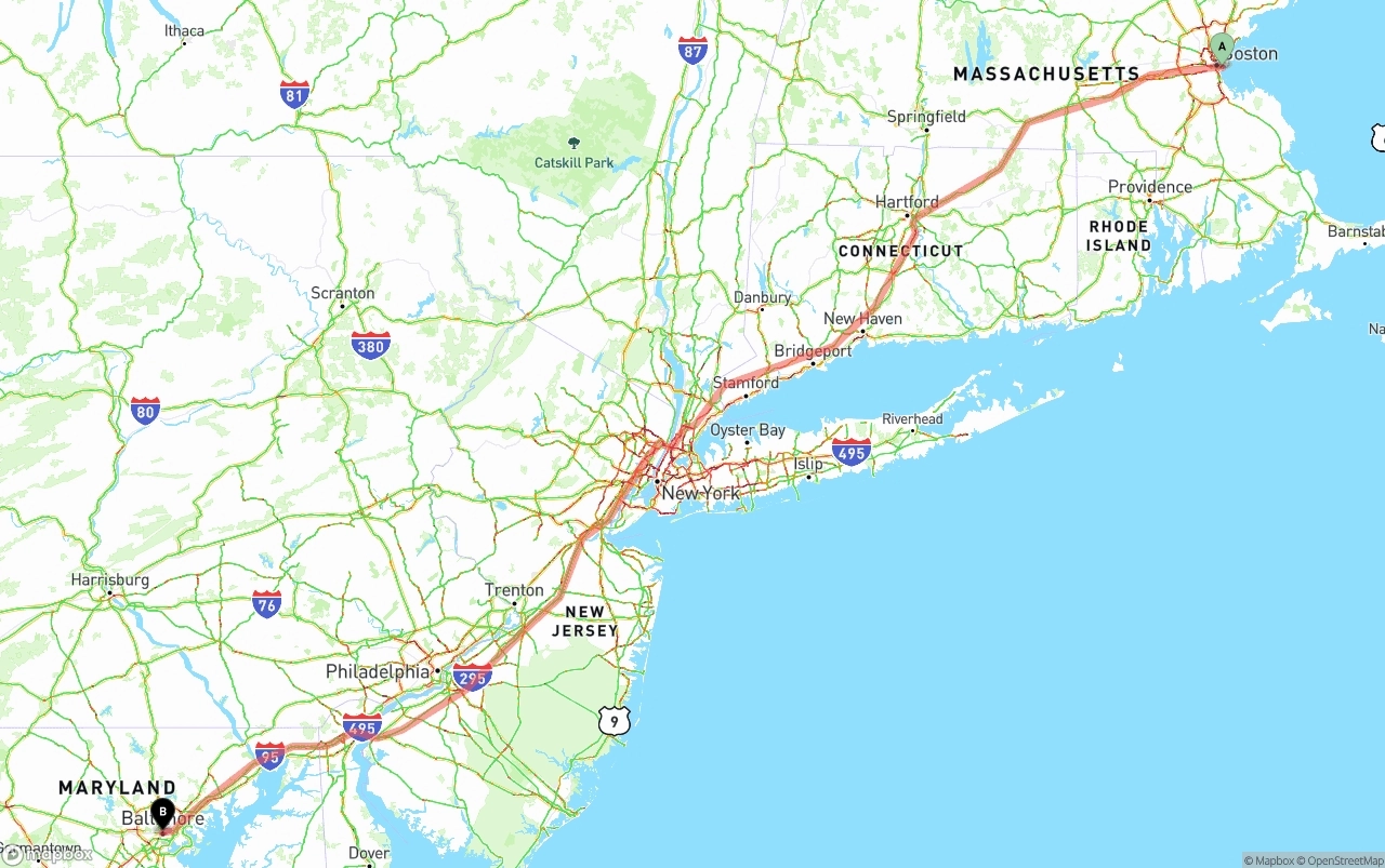 Shipping route from Port of Boston to Baltimore