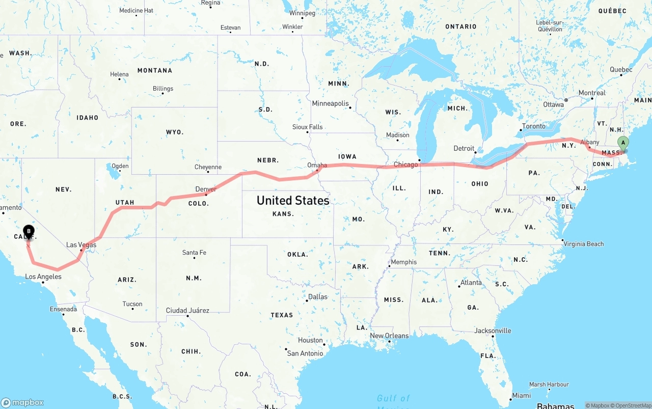 Shipping route from Port of Boston to California