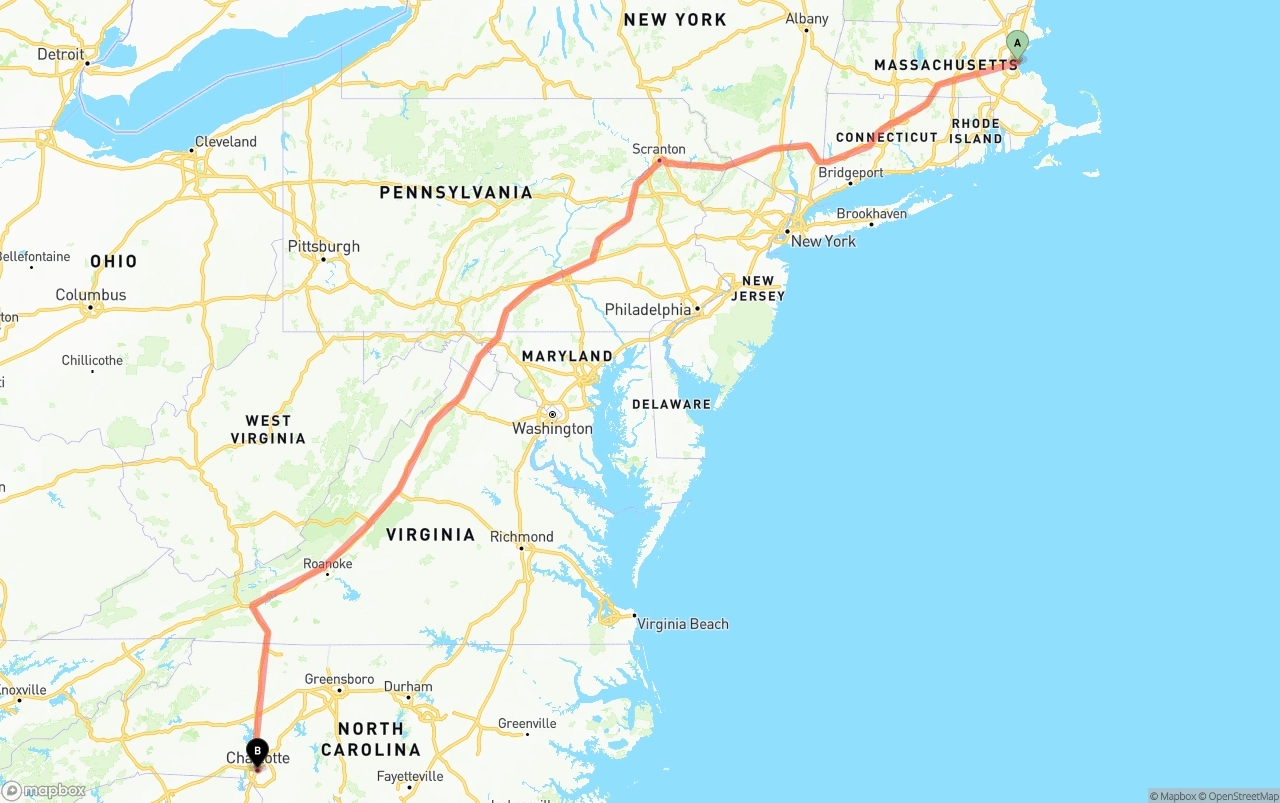 Shipping route from Port of Boston to Charlotte