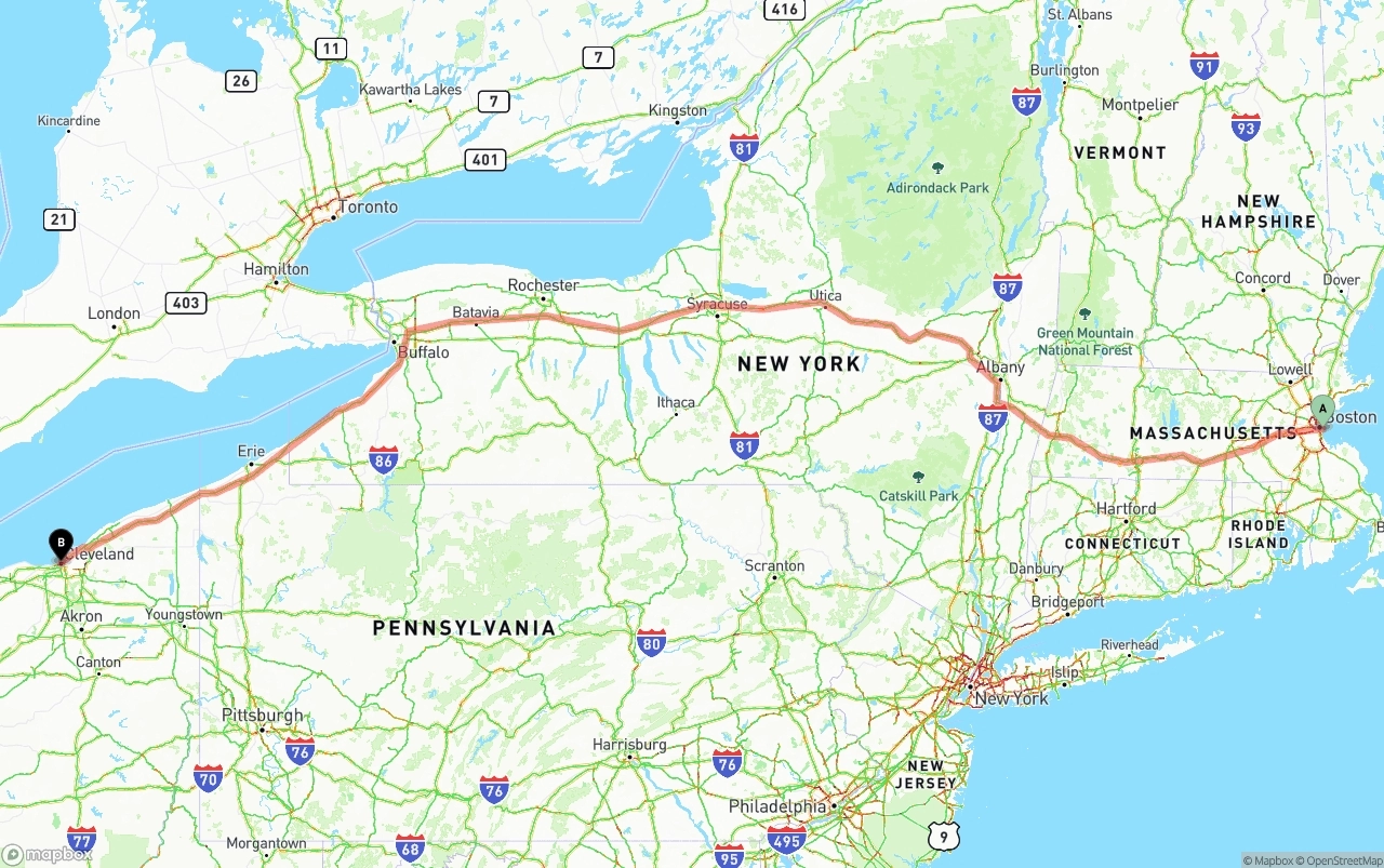 Shipping route from Port of Boston to Cleveland