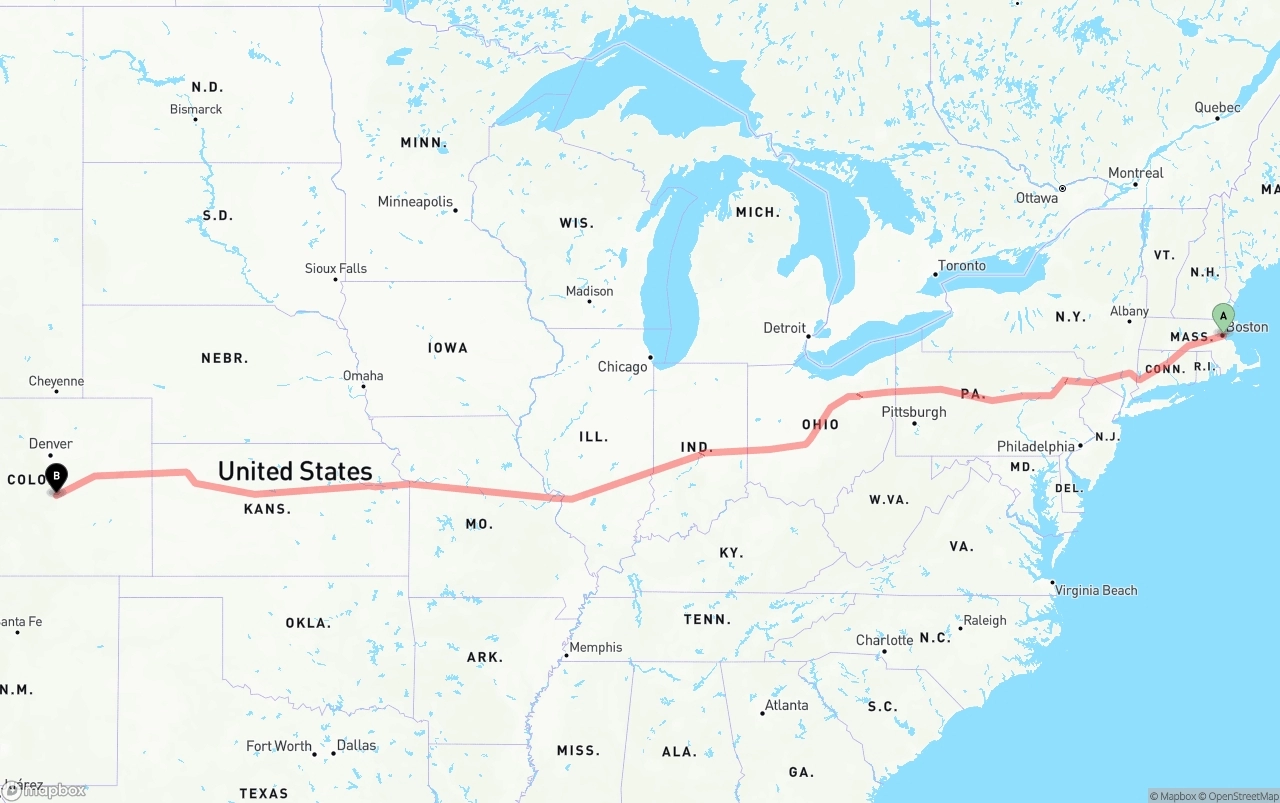 Shipping route from Port of Boston to Colorado Springs