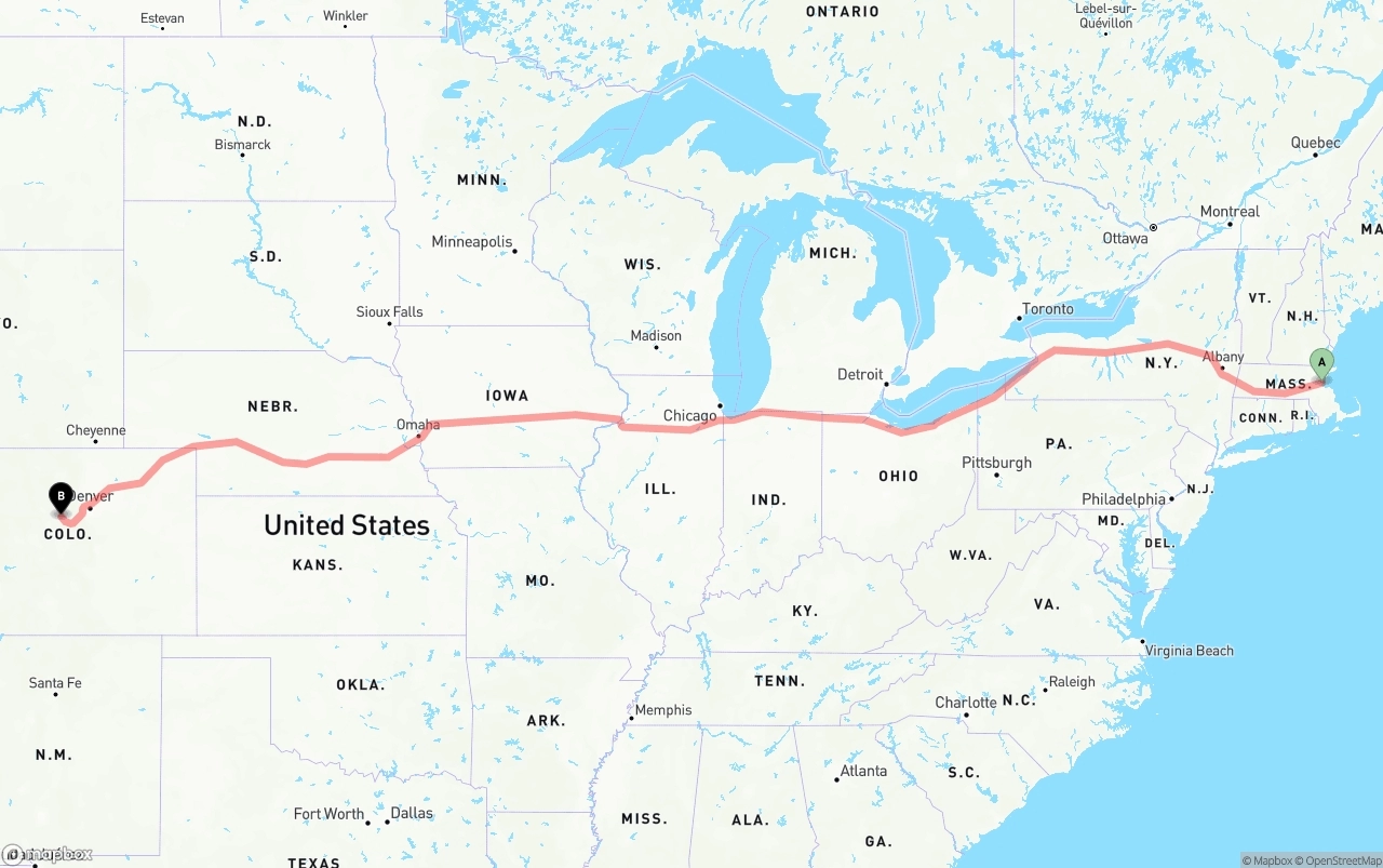 Shipping route from Port of Boston to Colorado