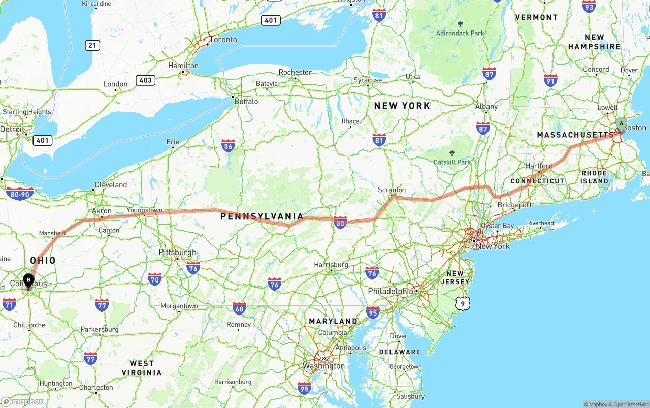 Shipping route from Port of Boston to Columbus