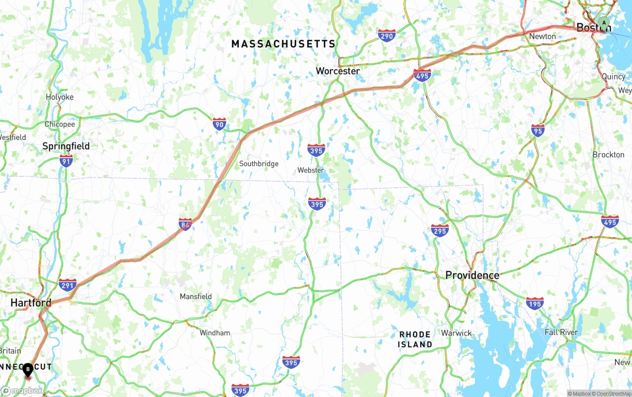 Shipping route from Port of Boston to Connecticut