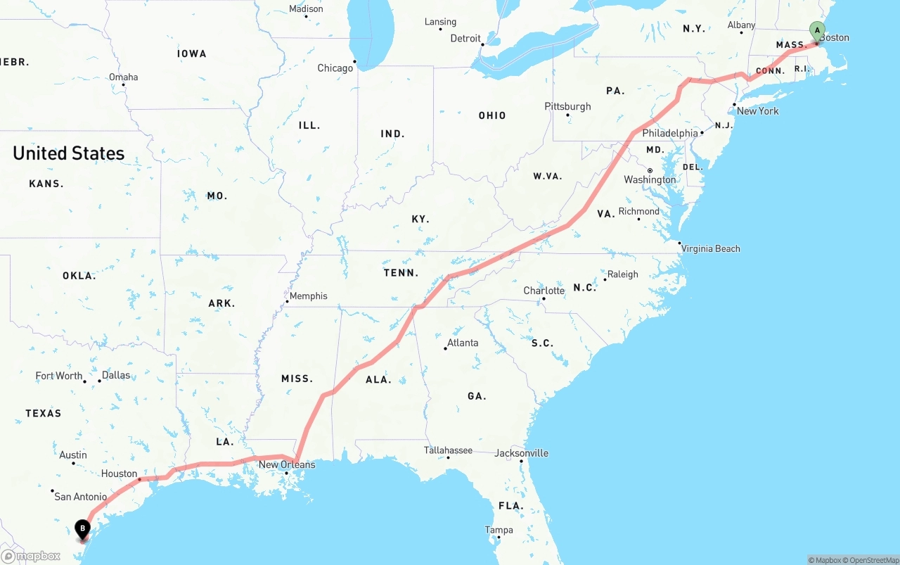 Shipping route from Port of Boston to Corpus Christi