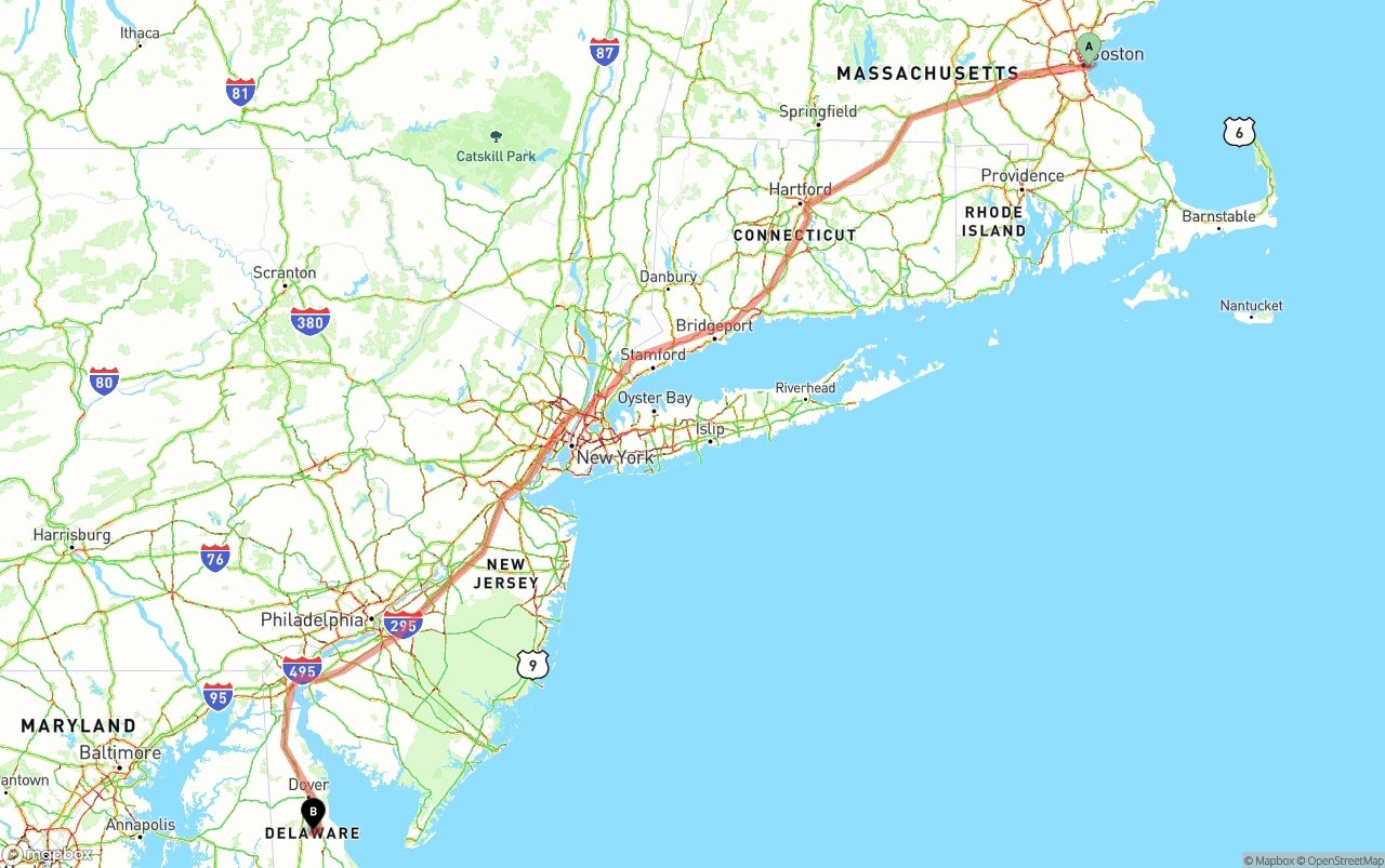 Shipping route from Port of Boston to Delaware