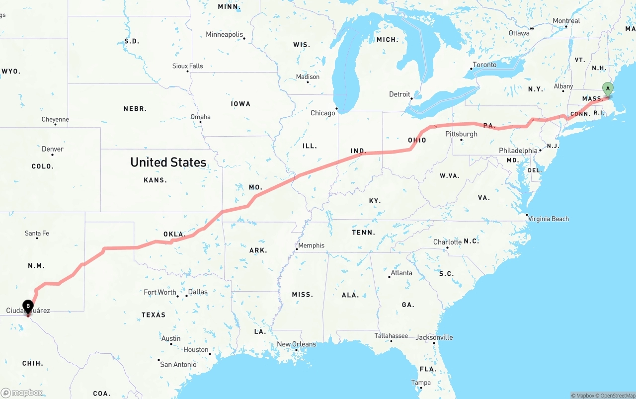 Shipping route from Port of Boston to El Paso