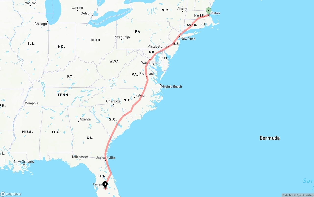 Shipping route from Port of Boston to Florida