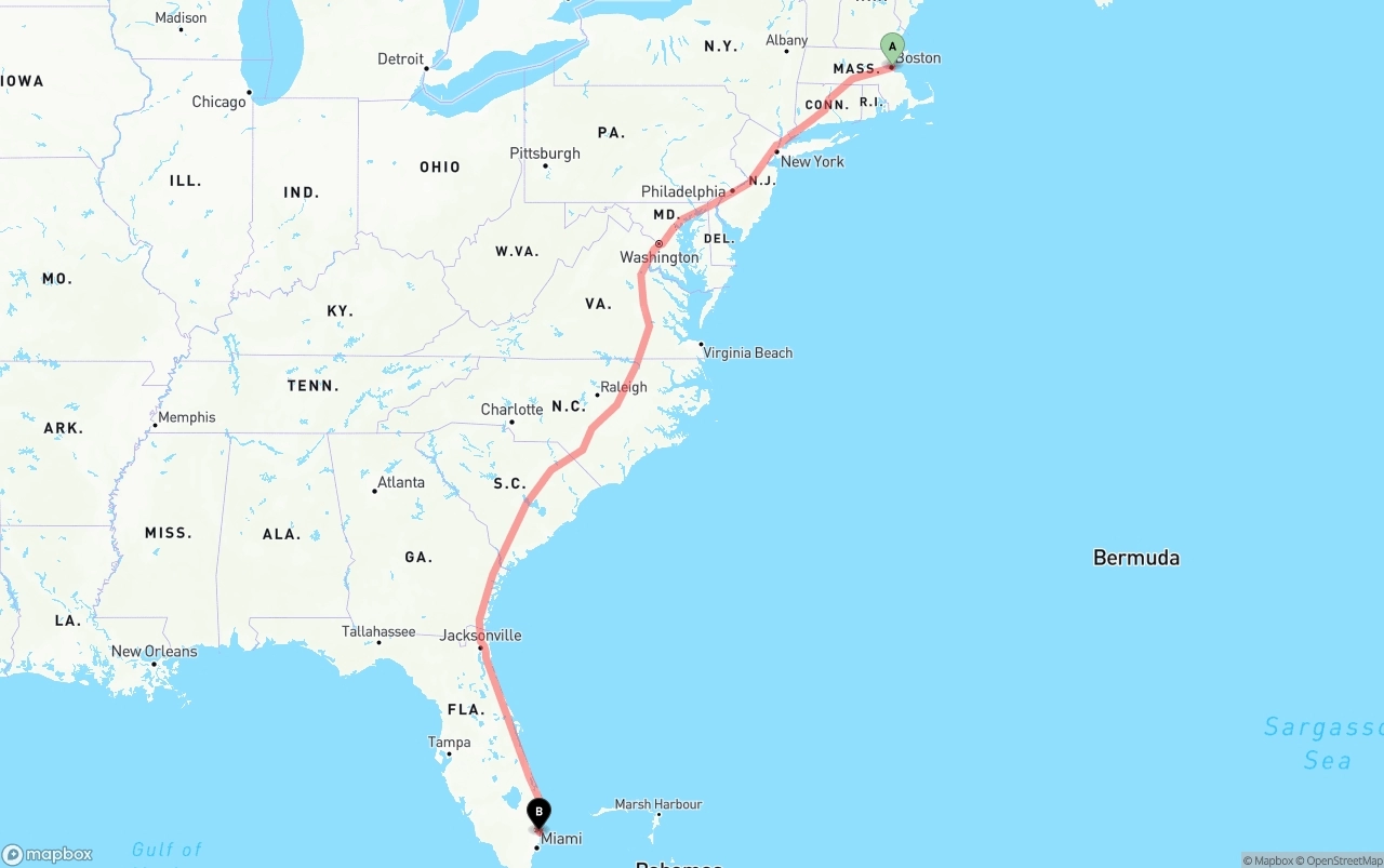 Shipping route from Port of Boston to Ft. Lauderdale
