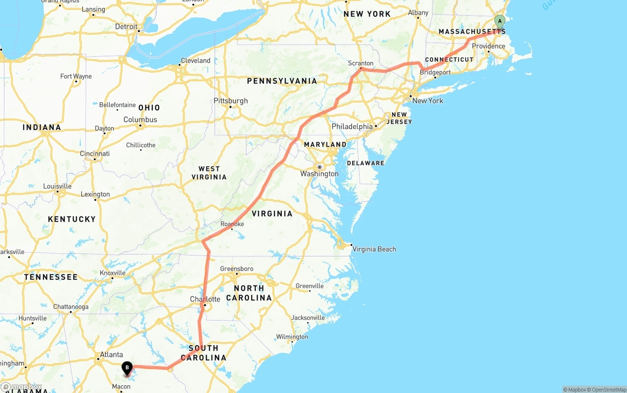Shipping route from Port of Boston to Georgia