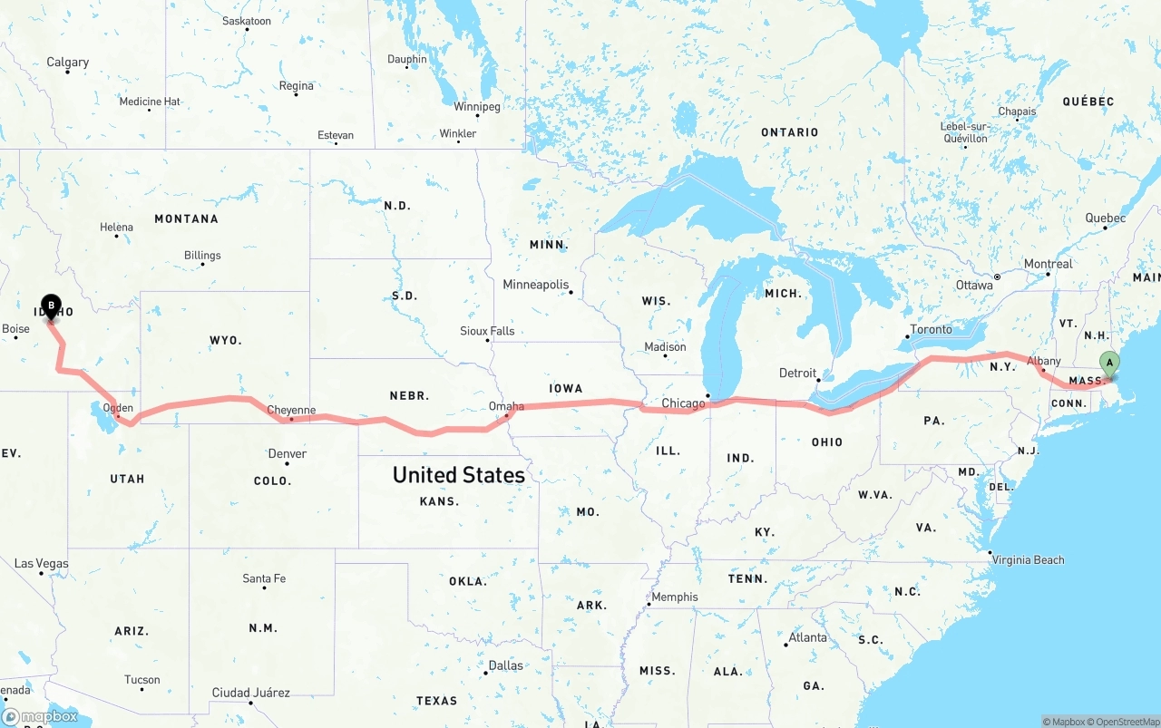 Shipping route from Port of Boston to Idaho