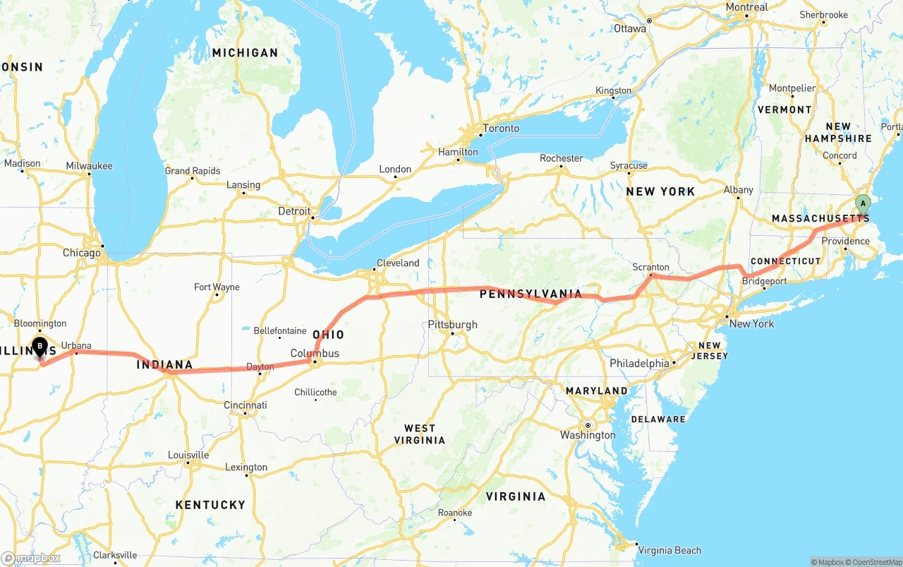 Shipping route from Port of Boston to Illinois