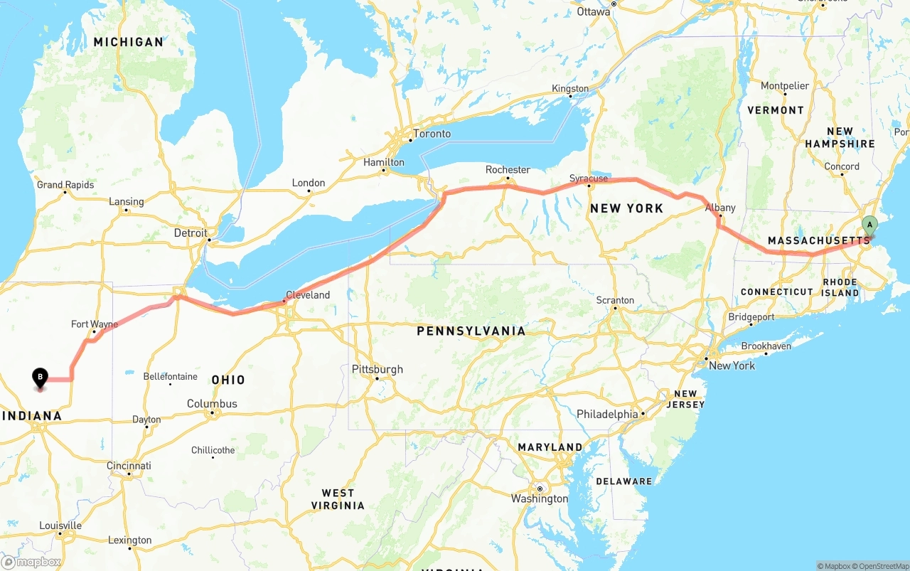 Shipping route from Port of Boston to Indiana