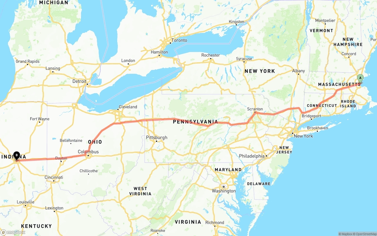 Shipping route from Port of Boston to Indianapolis