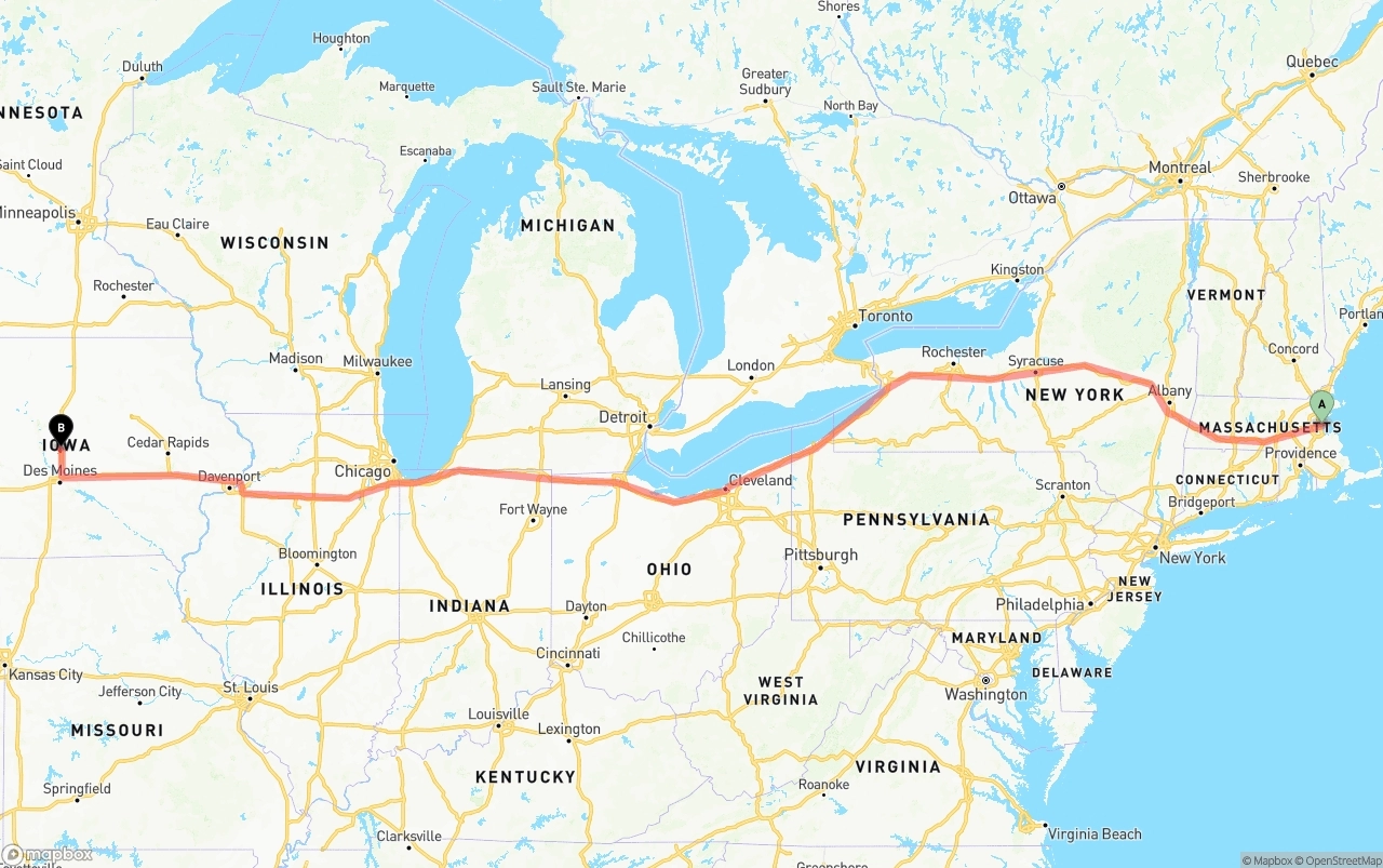 Shipping route from Port of Boston to Iowa