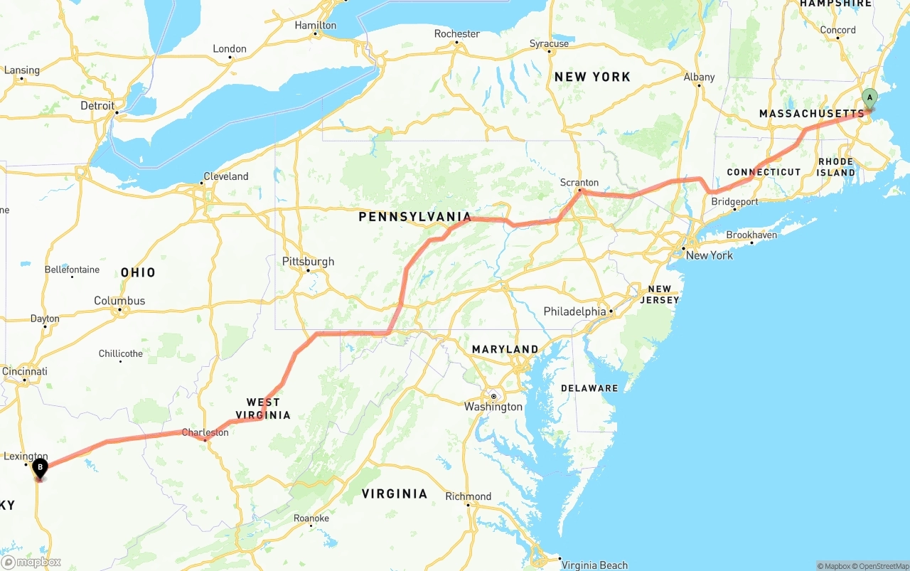 Shipping route from Port of Boston to Kentucky