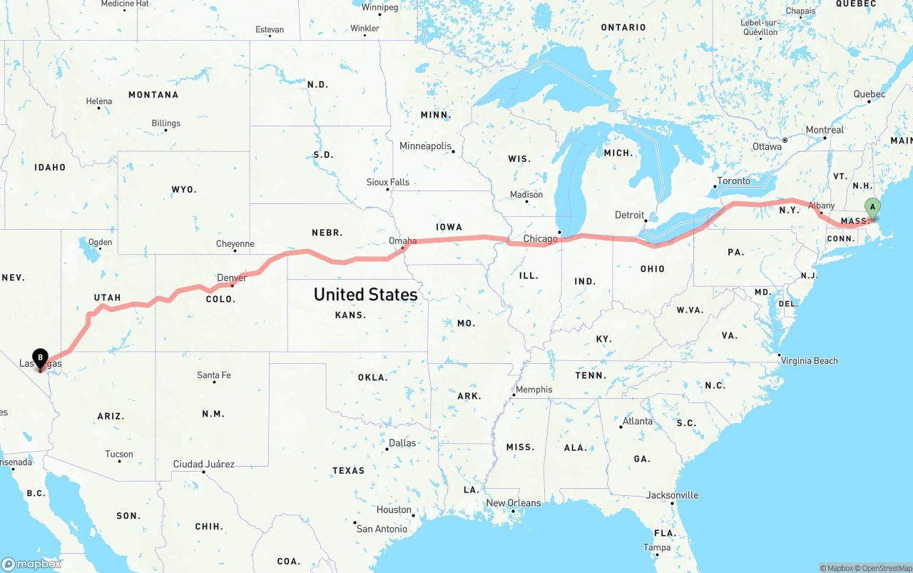 Shipping route from Port of Boston to Las Vegas