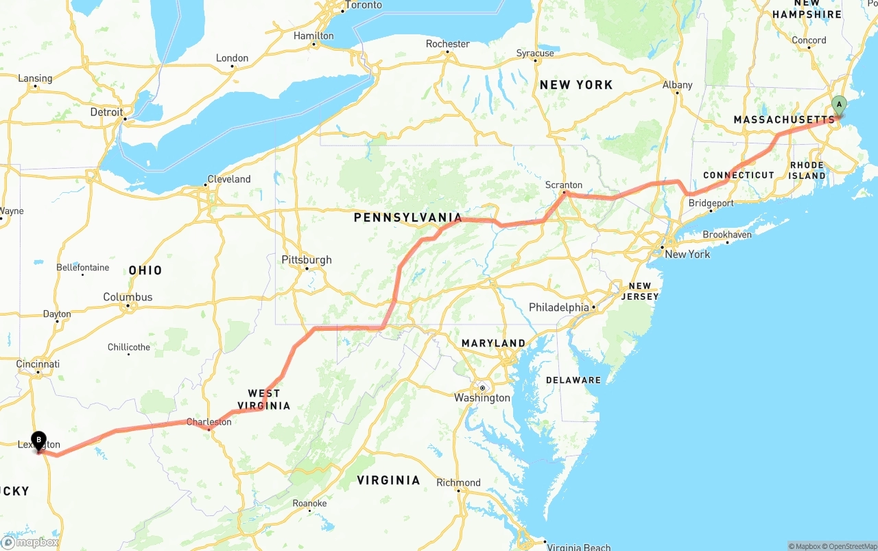 Shipping route from Port of Boston to Lexington
