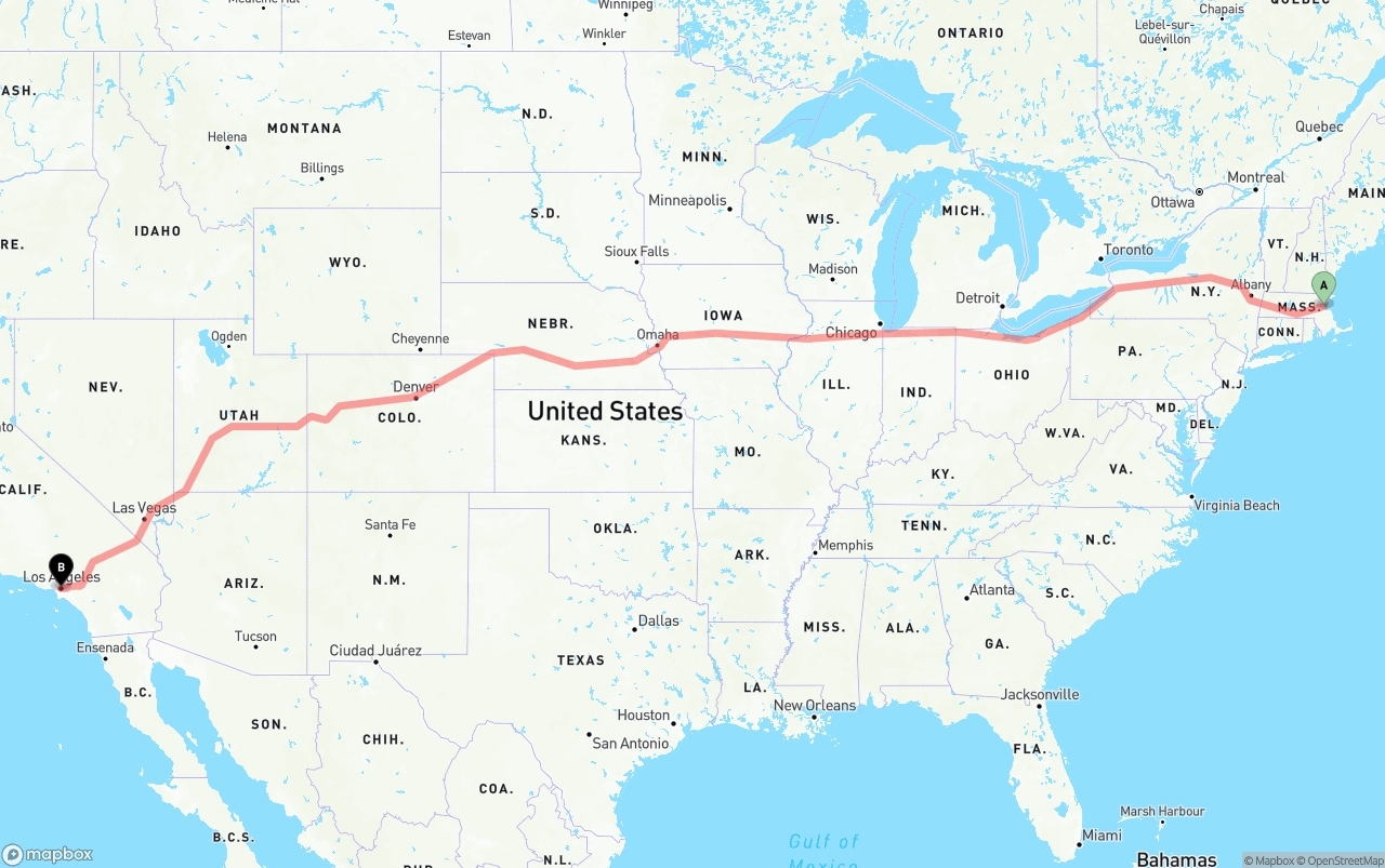 Shipping route from Port of Boston to Los Angeles