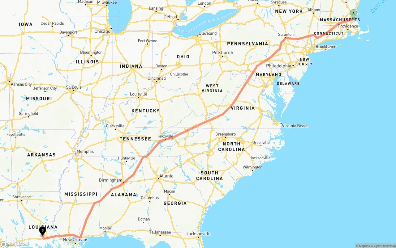 Shipping route from Port of Boston to Louisiana