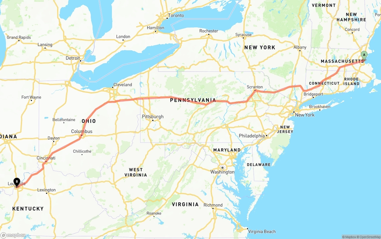 Shipping route from Port of Boston to Louisville