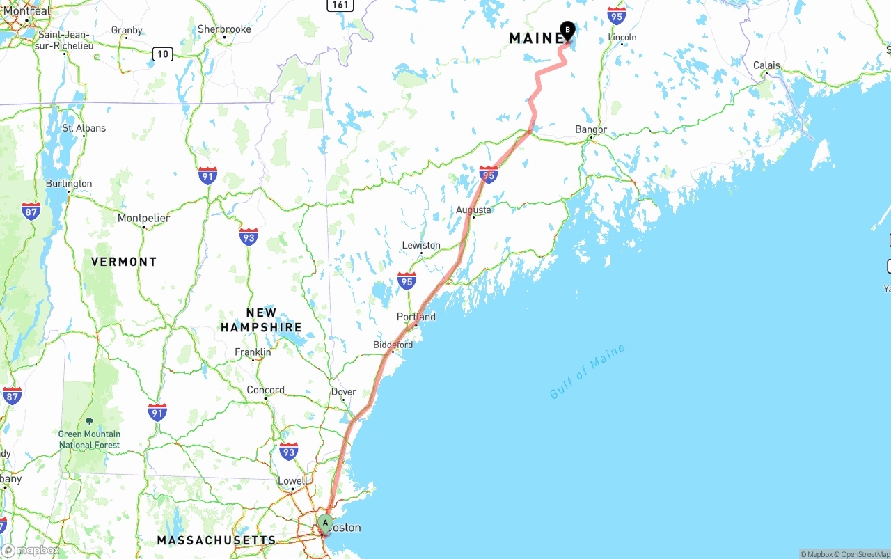 Shipping route from Port of Boston to Maine