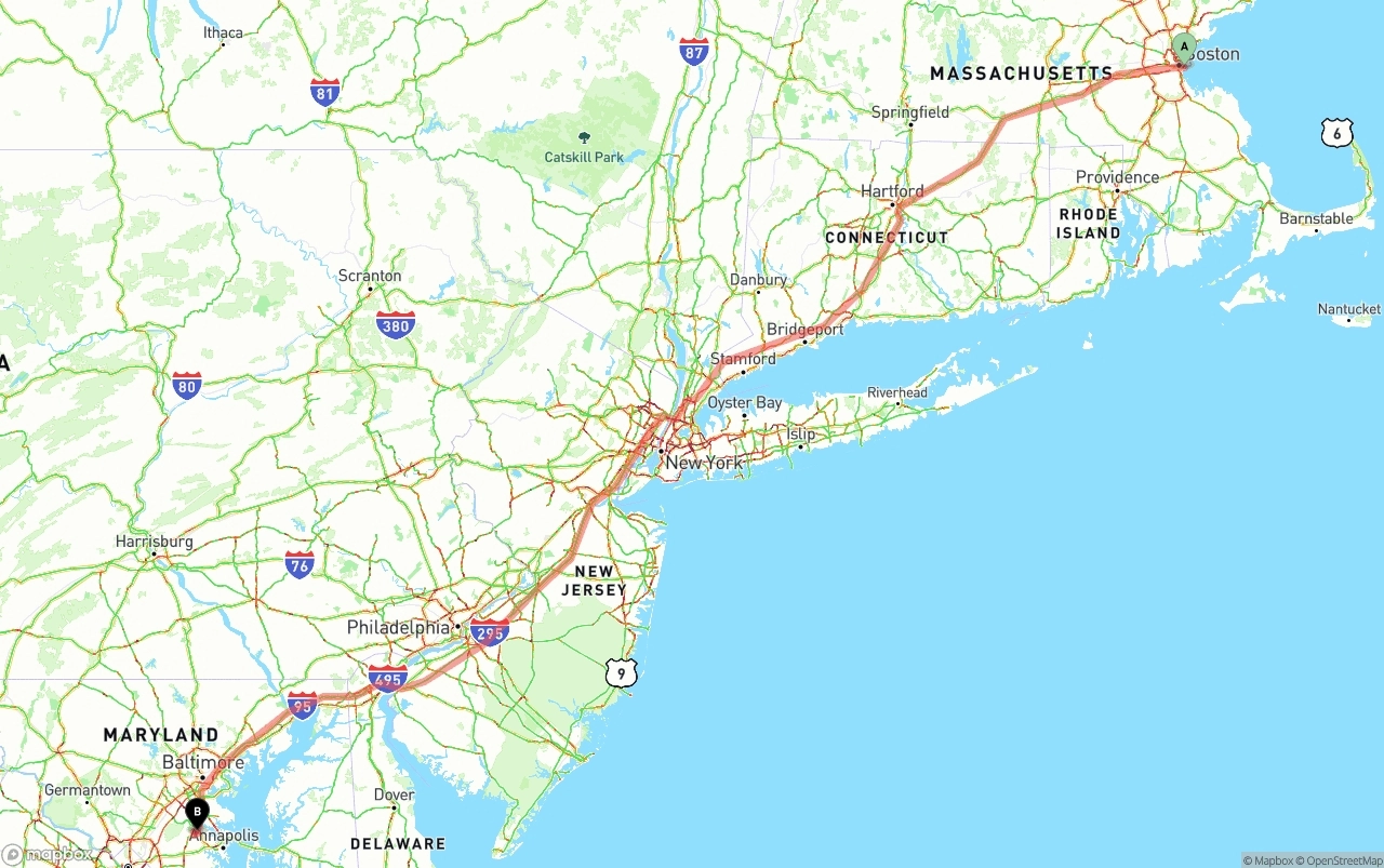 Shipping route from Port of Boston to Maryland