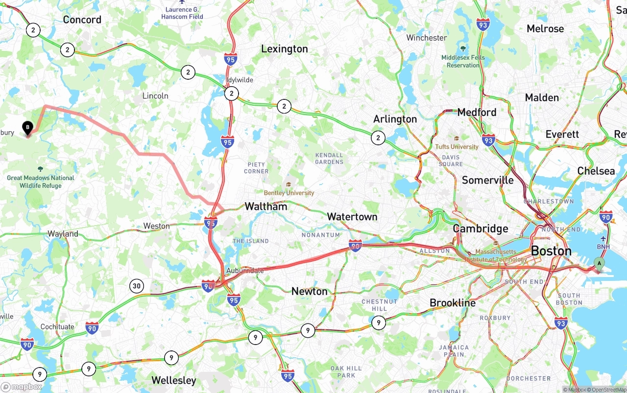 Shipping route from Port of Boston to Massachusetts