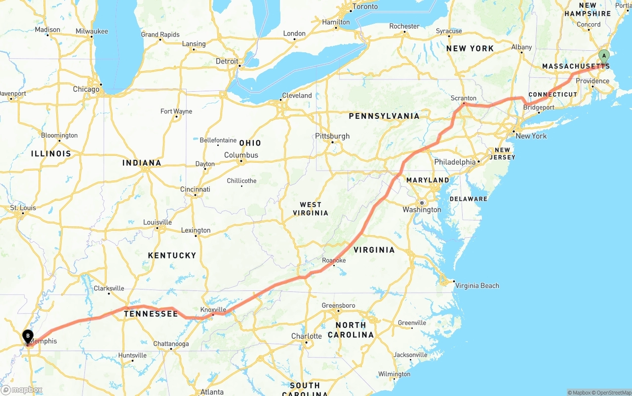 Shipping route from Port of Boston to Memphis