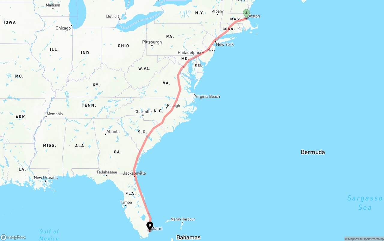 Shipping route from Port of Boston to Miami