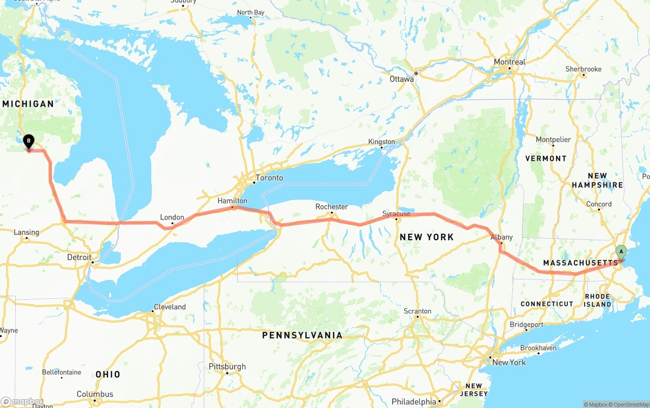 Shipping route from Port of Boston to Michigan