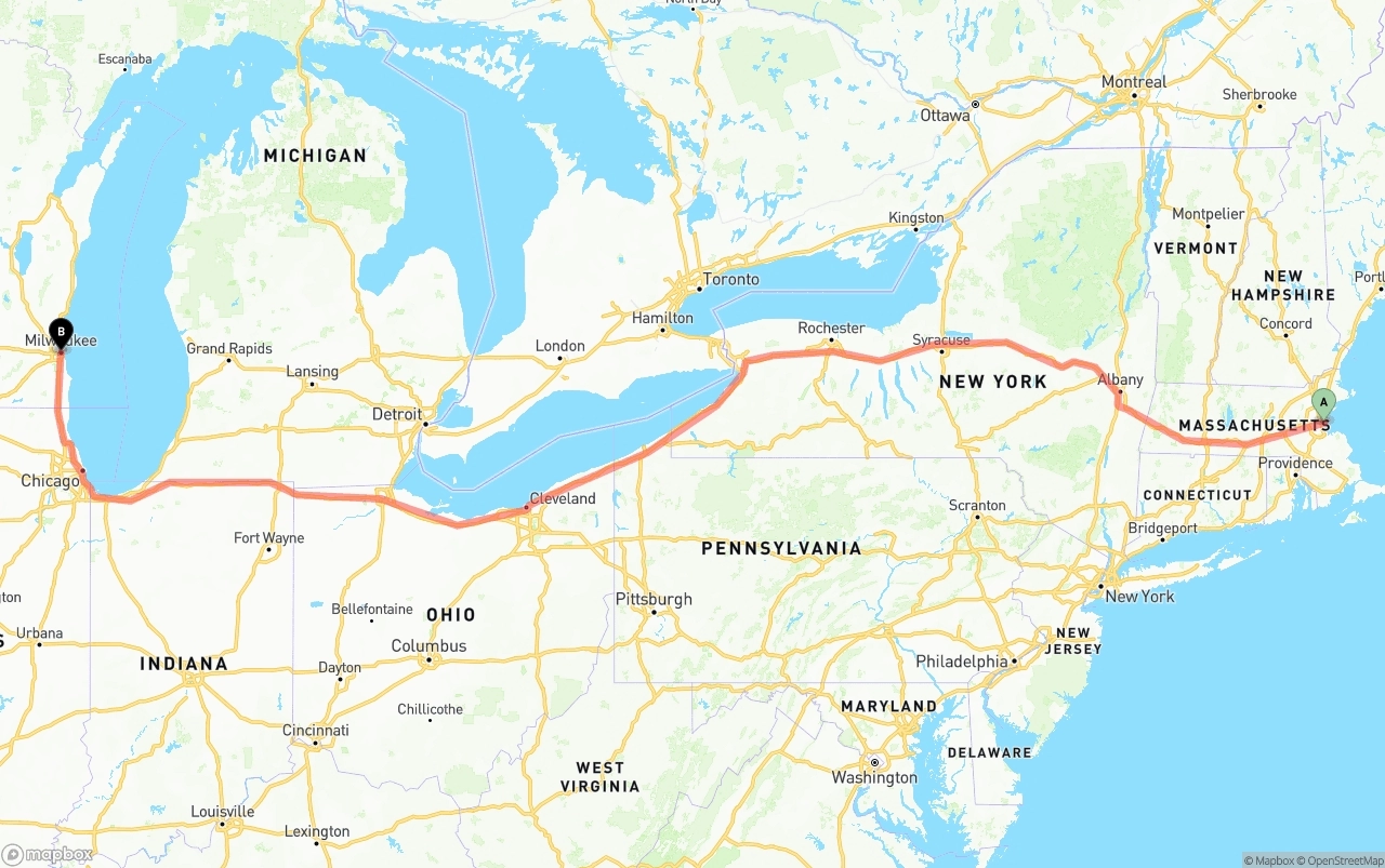 Shipping route from Port of Boston to Milwaukee