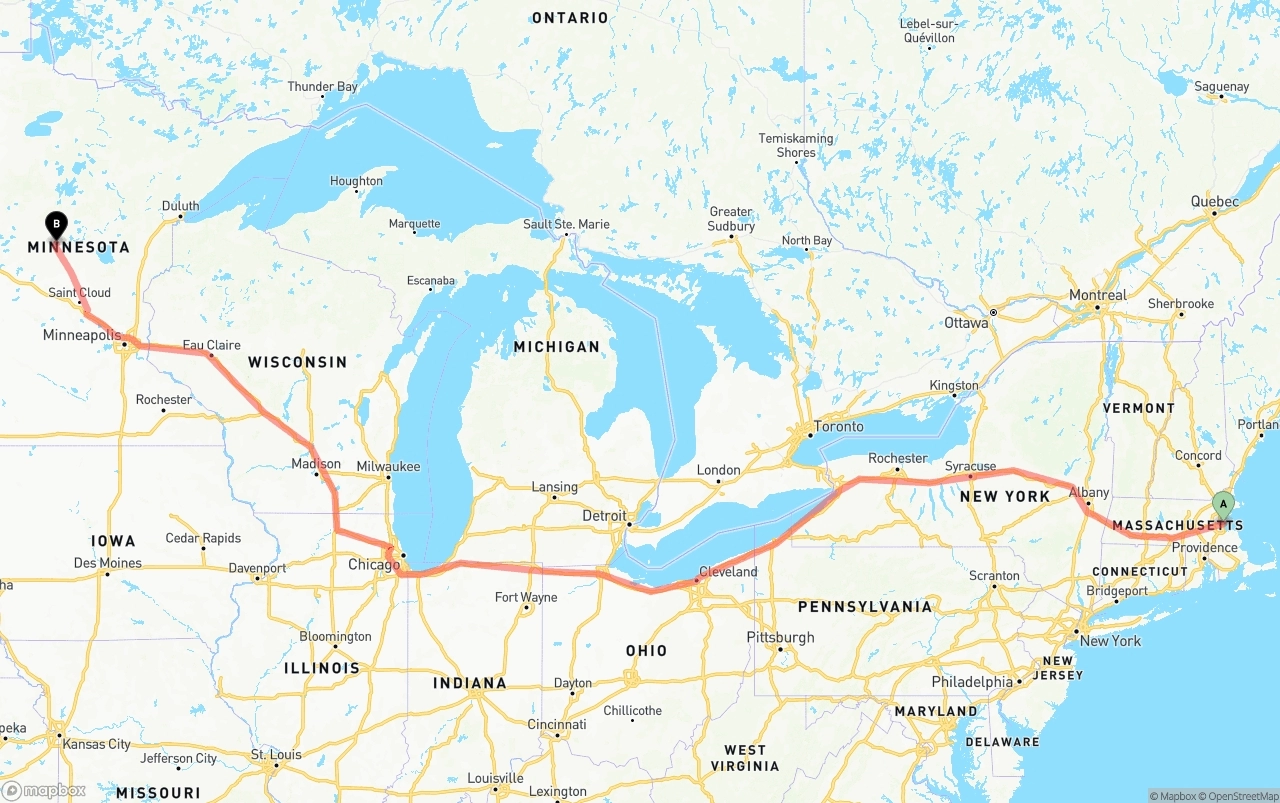 Shipping route from Port of Boston to Minnesota