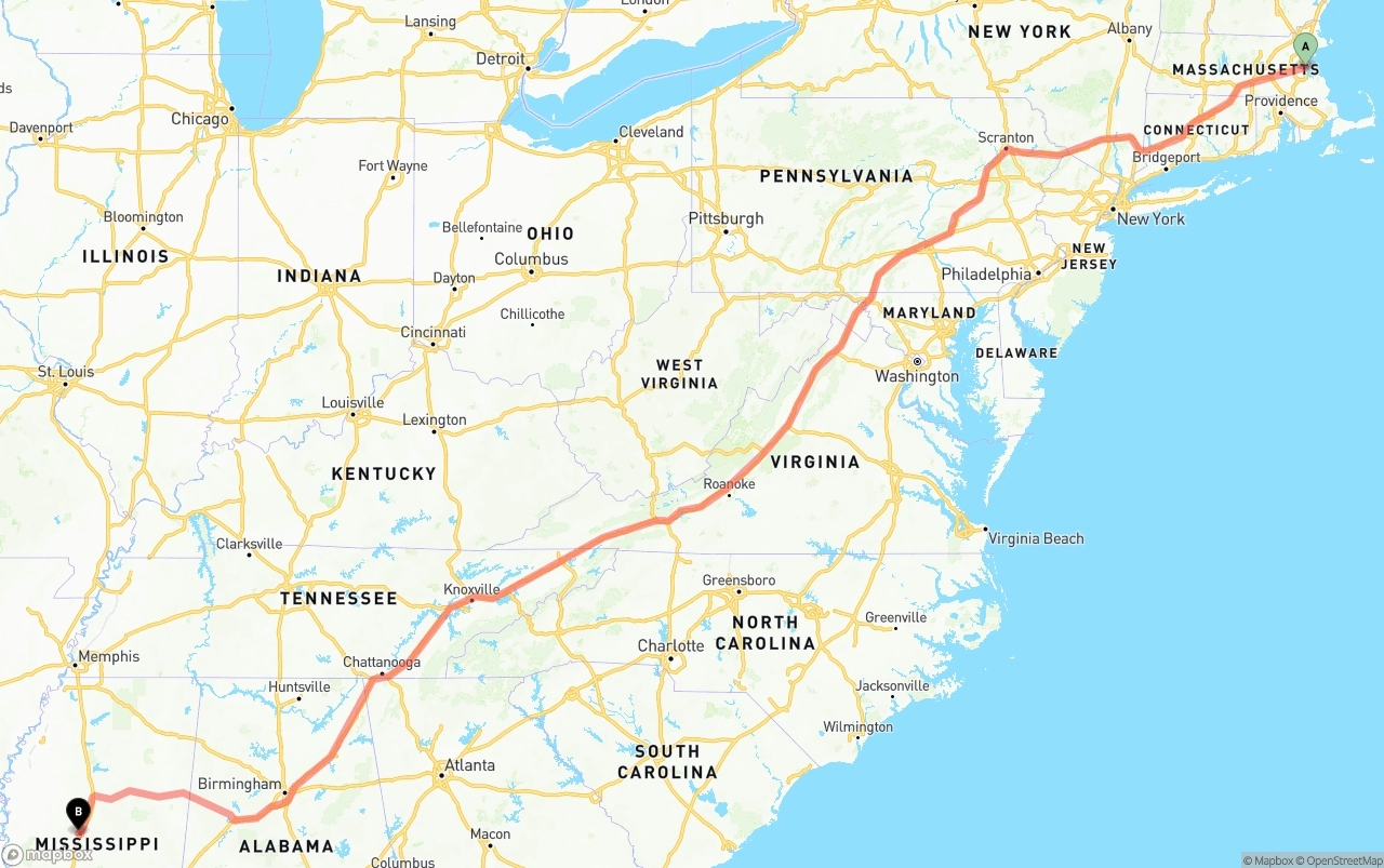Shipping route from Port of Boston to Mississippi