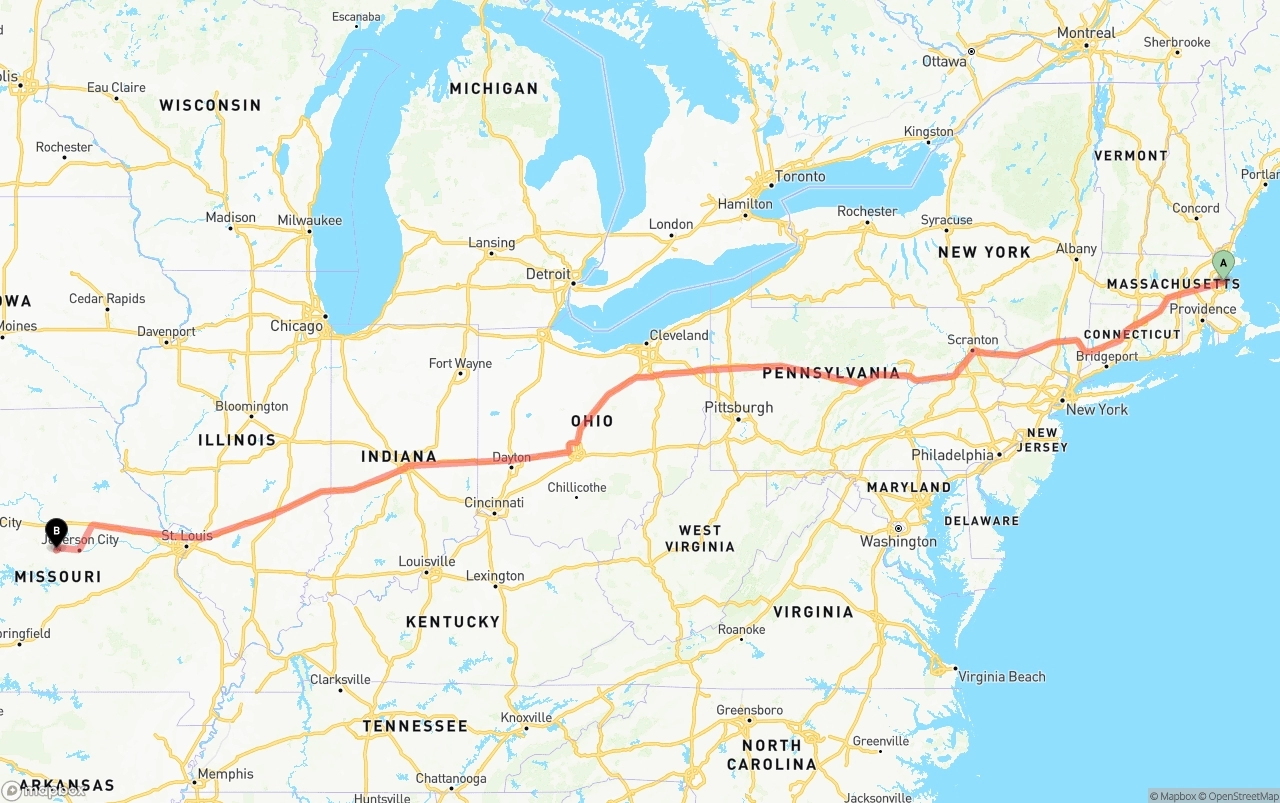 Shipping route from Port of Boston to Missouri