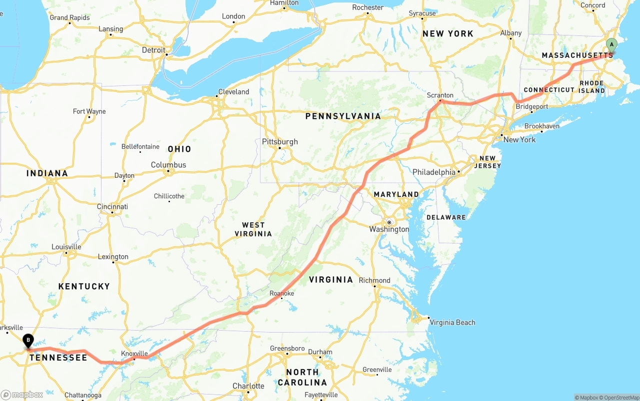 Shipping route from Port of Boston to Nashville