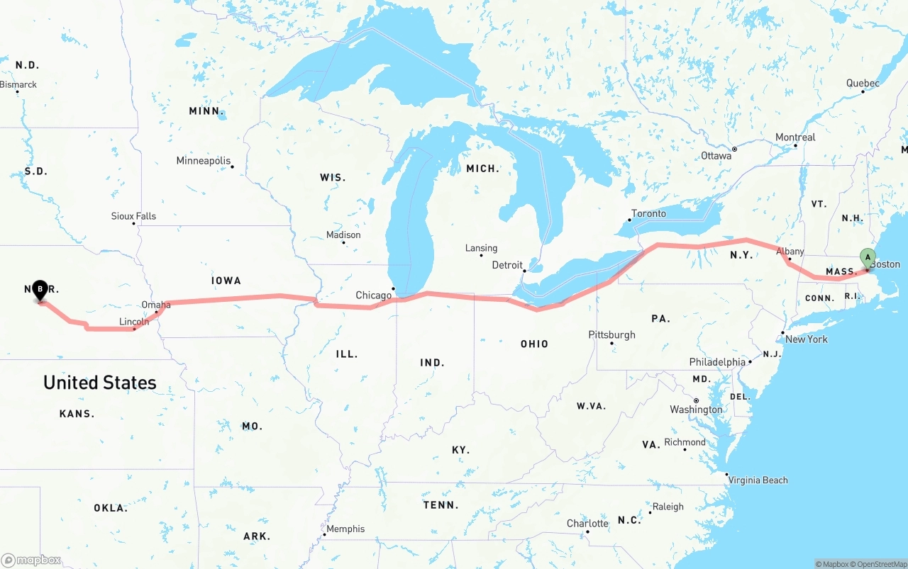Shipping route from Port of Boston to Nebraska