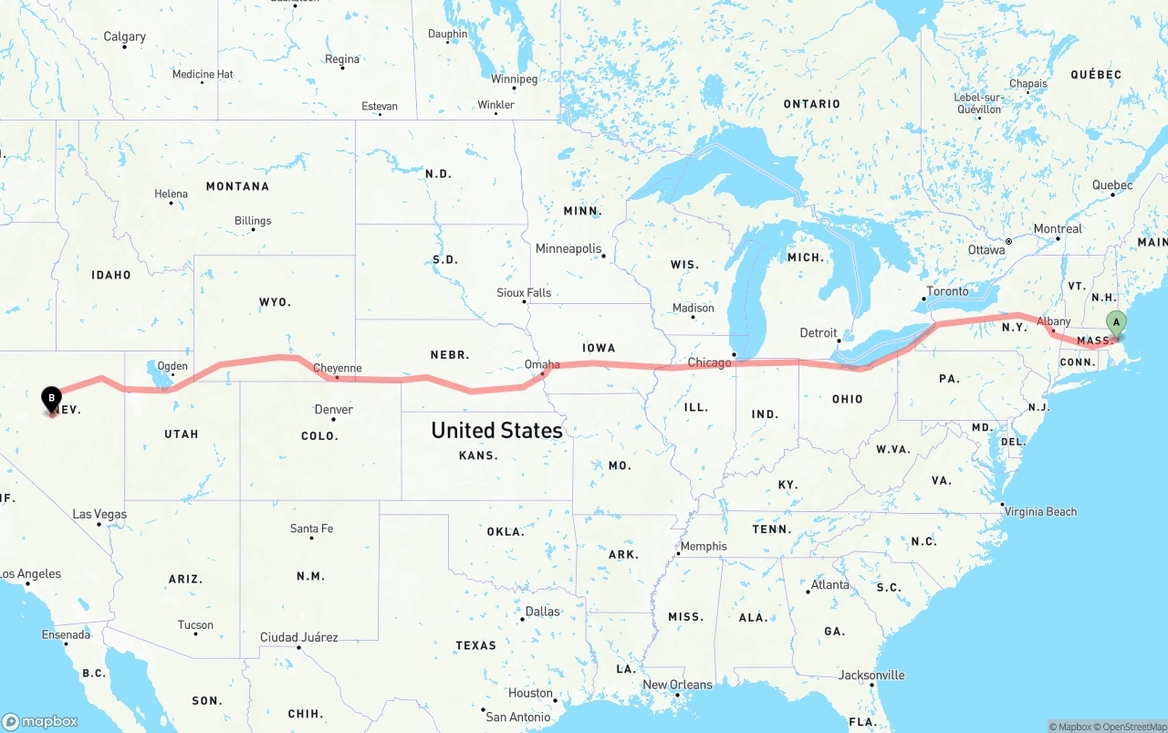 Shipping route from Port of Boston to Nevada