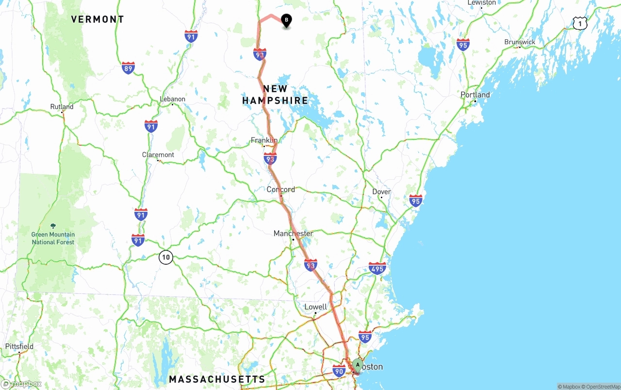 Shipping route from Port of Boston to New Hampshire