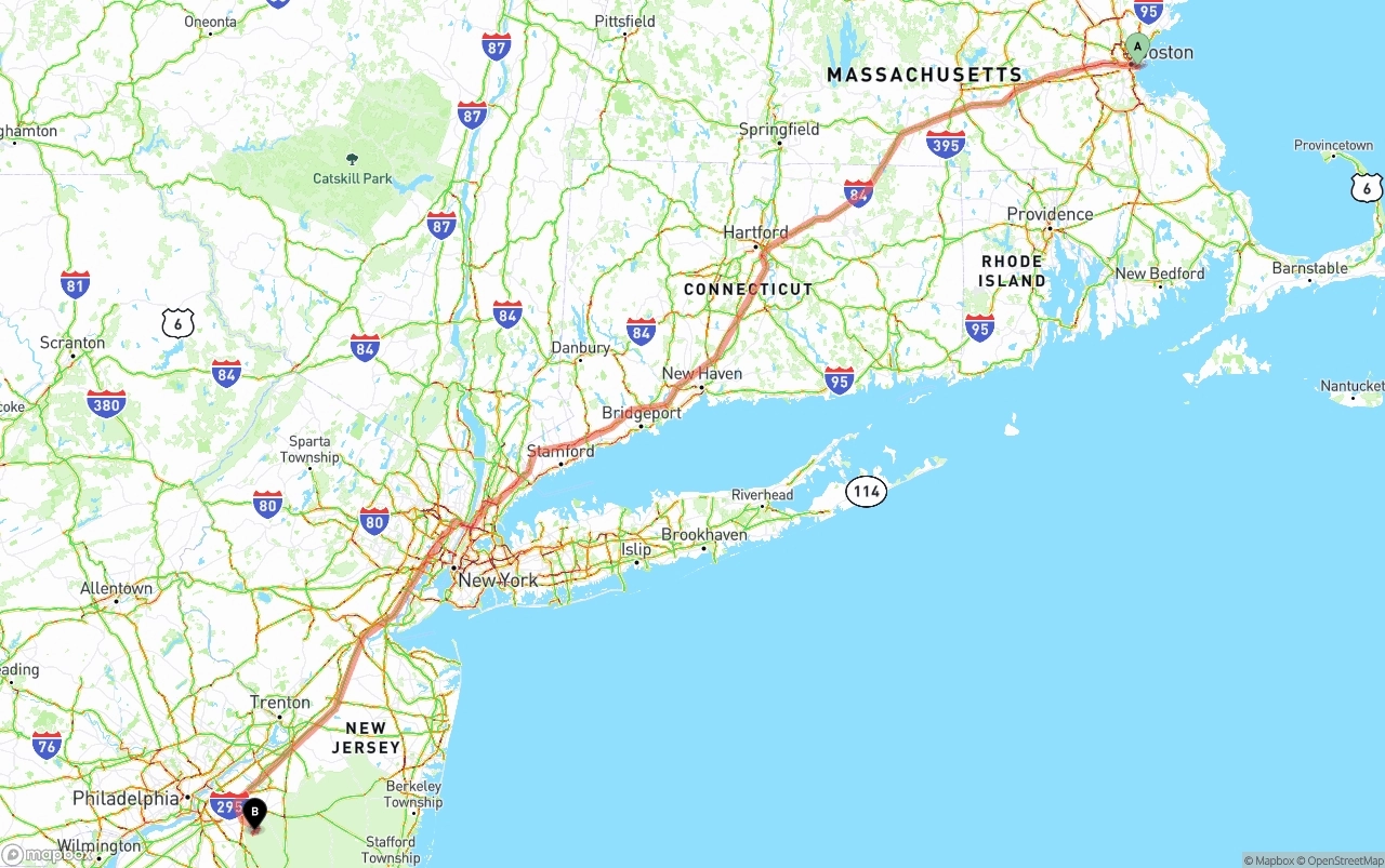 Shipping route from Port of Boston to New Jersey