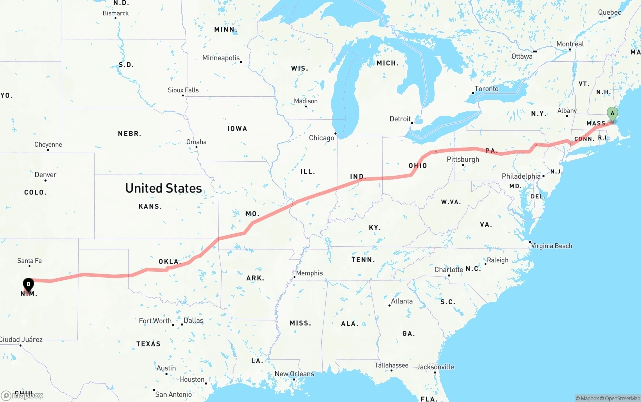 Shipping route from Port of Boston to New Mexico