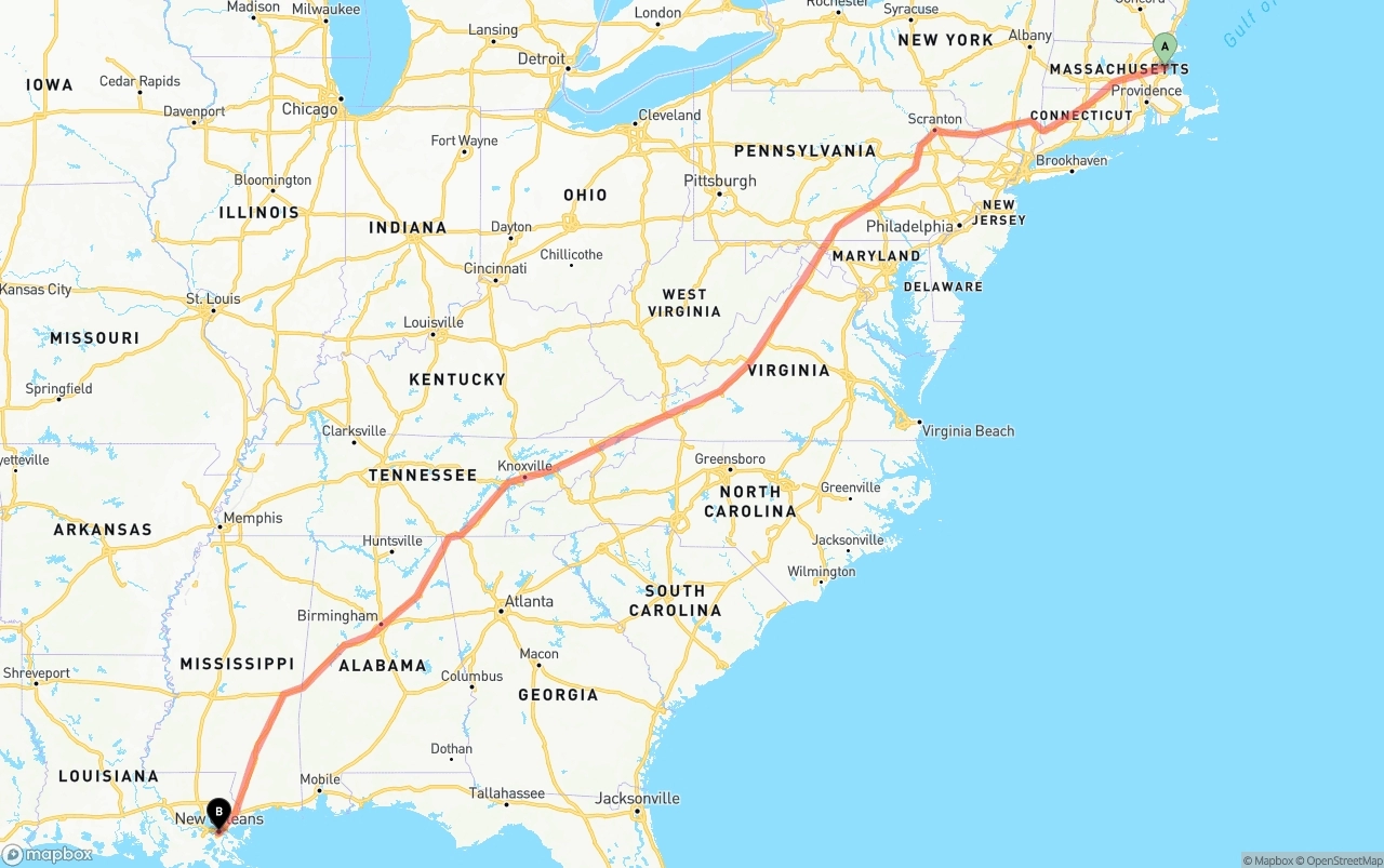 Shipping route from Port of Boston to New Orleans