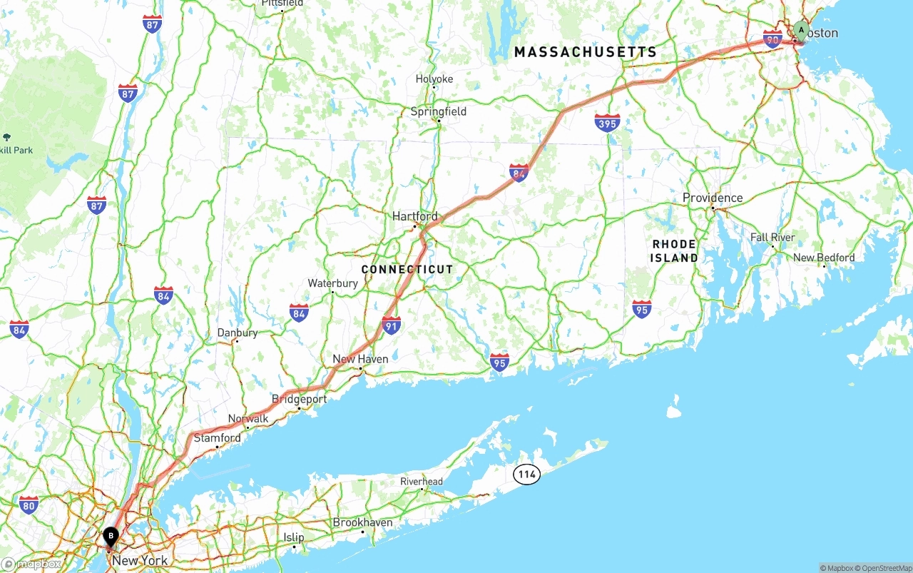 Shipping route from Port of Boston to New York City