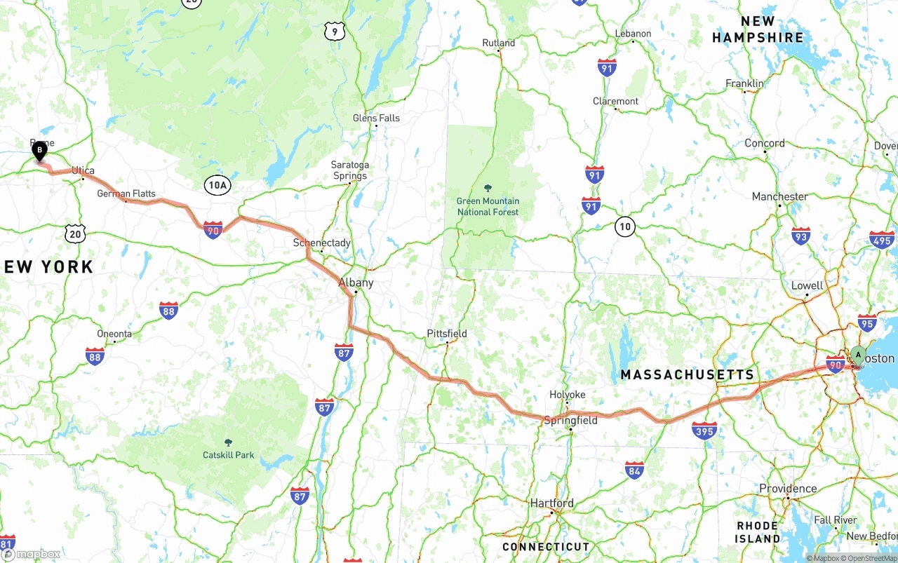 Shipping route from Port of Boston to New York
