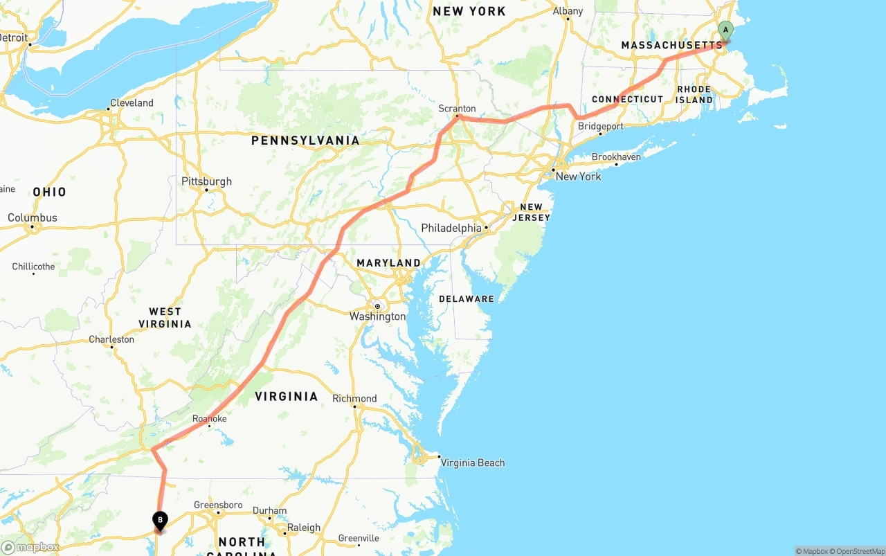 Shipping route from Port of Boston to North Carolina