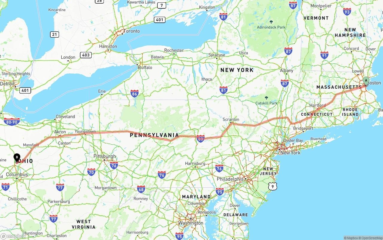 Shipping route from Port of Boston to Ohio