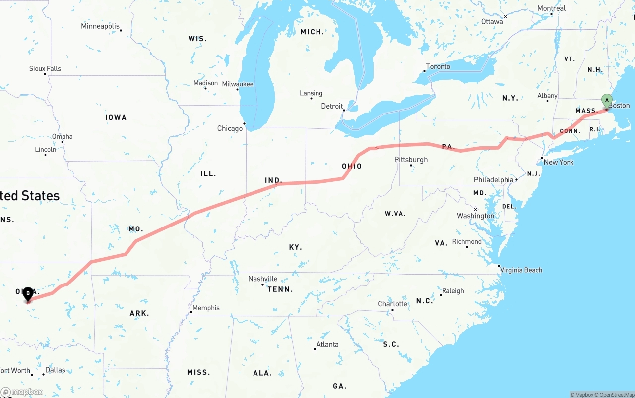 Shipping route from Port of Boston to Oklahoma City