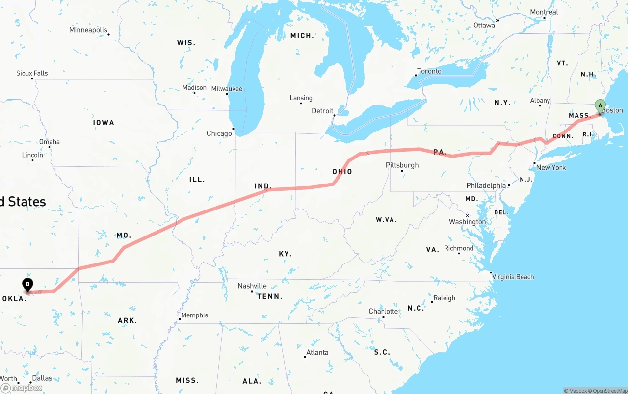 Shipping route from Port of Boston to Oklahoma