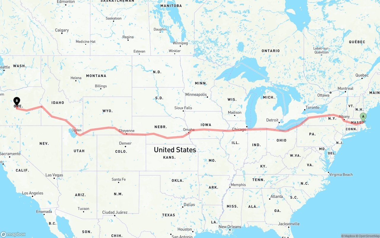 Shipping route from Port of Boston to Oregon